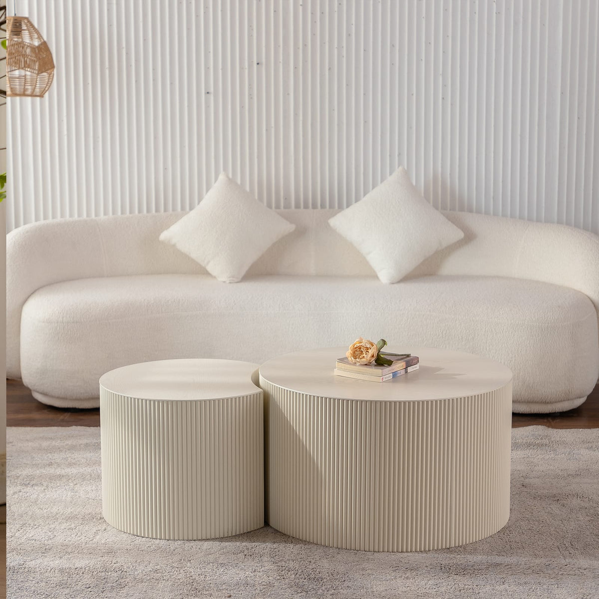 Round Modern Wood Coffee Table with Open Storage in Beige White for Living Room