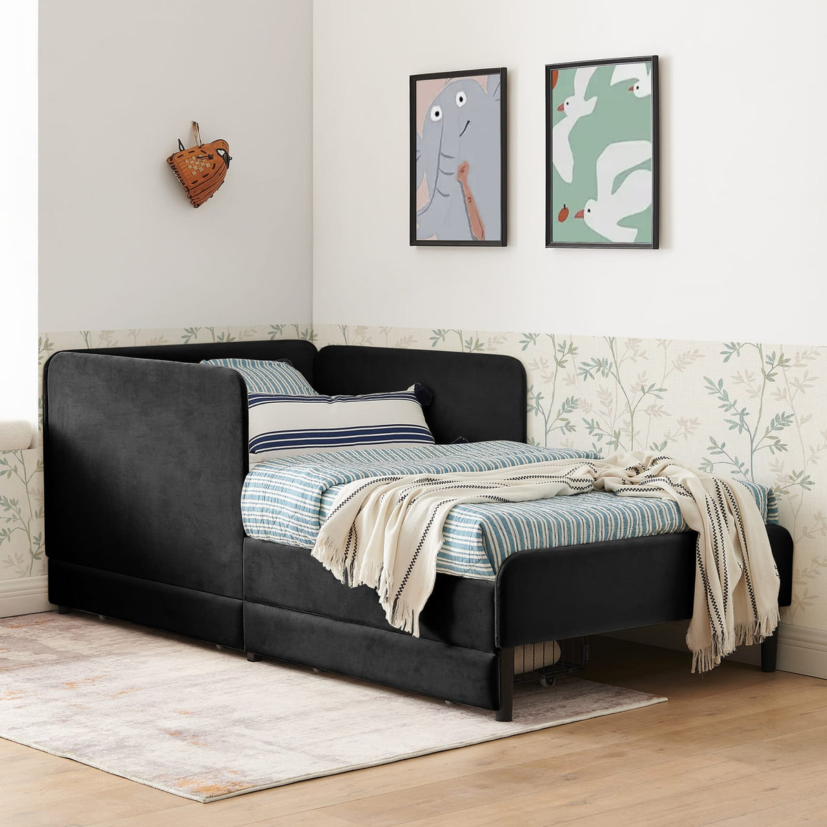 Twin Velvet Sofa Bed Frame with Storage Drawers, Black for Living Room