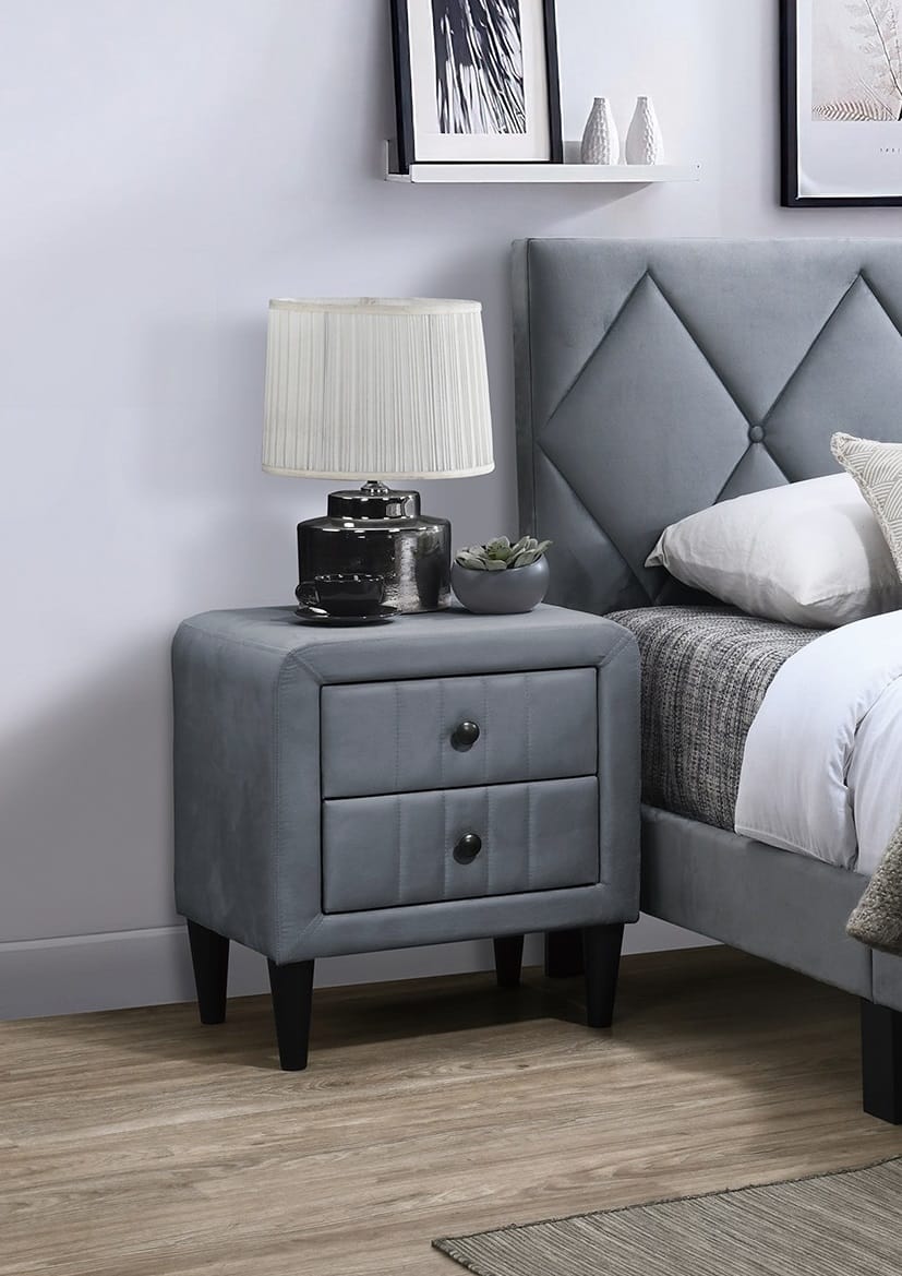 Grey Velvet 2 Drawer Bedside Cabinet Nightstand