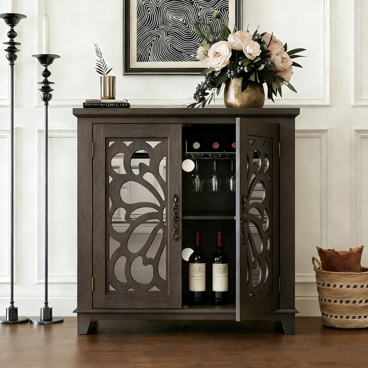 Dark Brown MDF Sideboard Buffet with Mirrored Doors & Adjustable Shelves