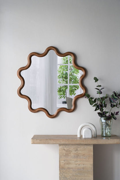 31" Wooden Accent Mirror - Brown Pine Frame, Bathroom Wall Decor