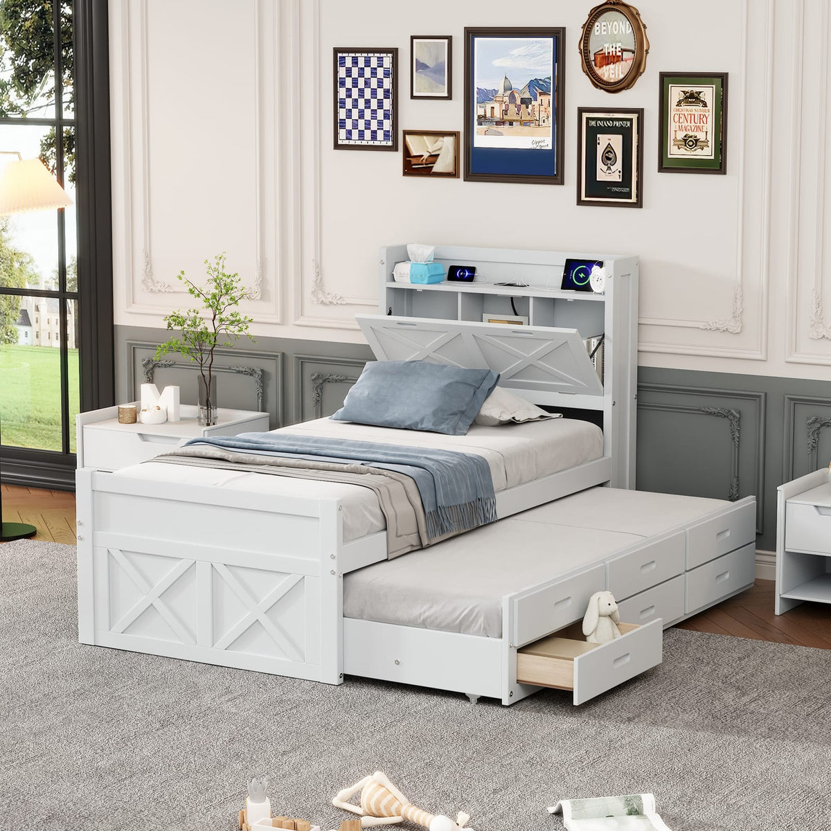 Twin Wooden Bed with Storage Headboard and Trundle for Guest Space for Bedroom