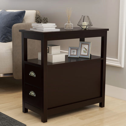 Brown MDF Side Table with Drawers & Shelves - 24" Wide for Living Room