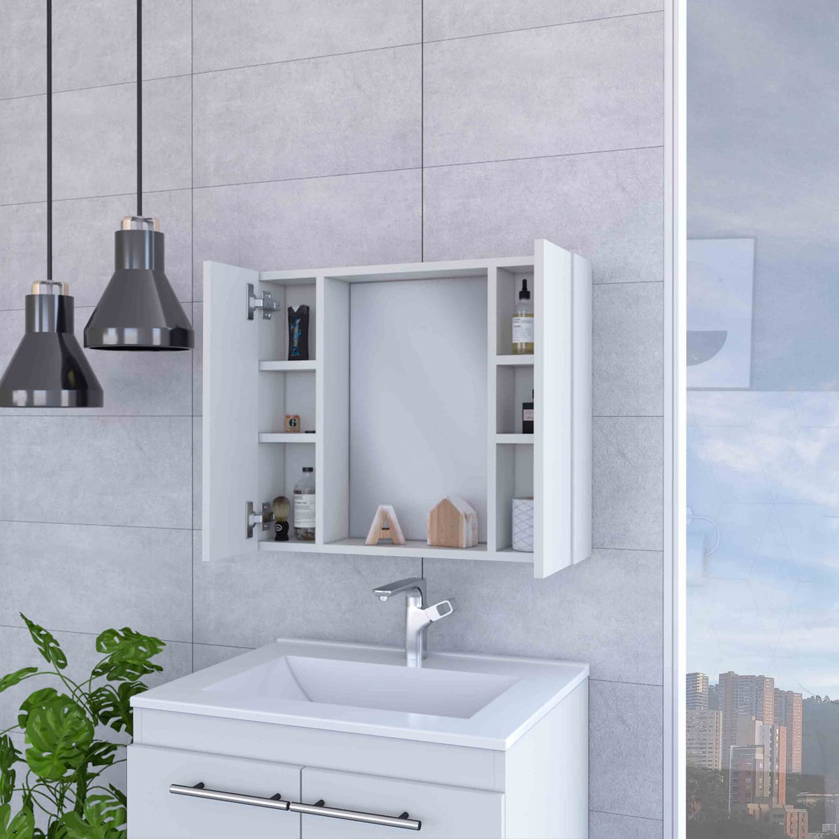 Modern Wall Mounted Bathroom Storage Cabinet in White Engineered Wood