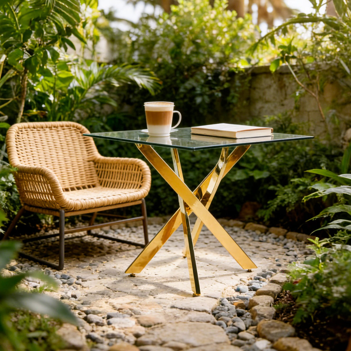 Dining Table with Golden Legs - Modern Glass Top, 90x90cm