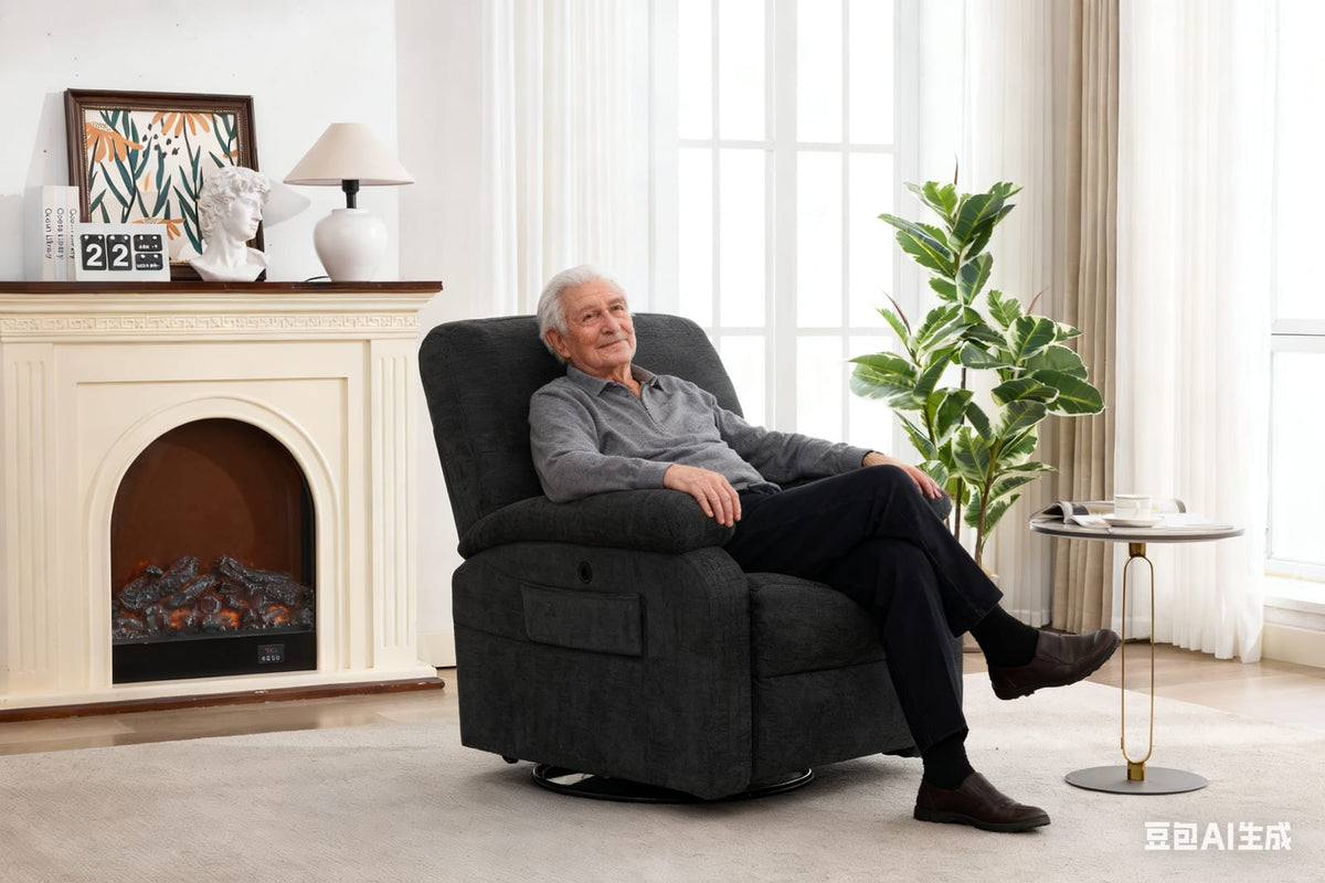 Black Metal Massage Recliner Chair - 360° Swivel & Heat