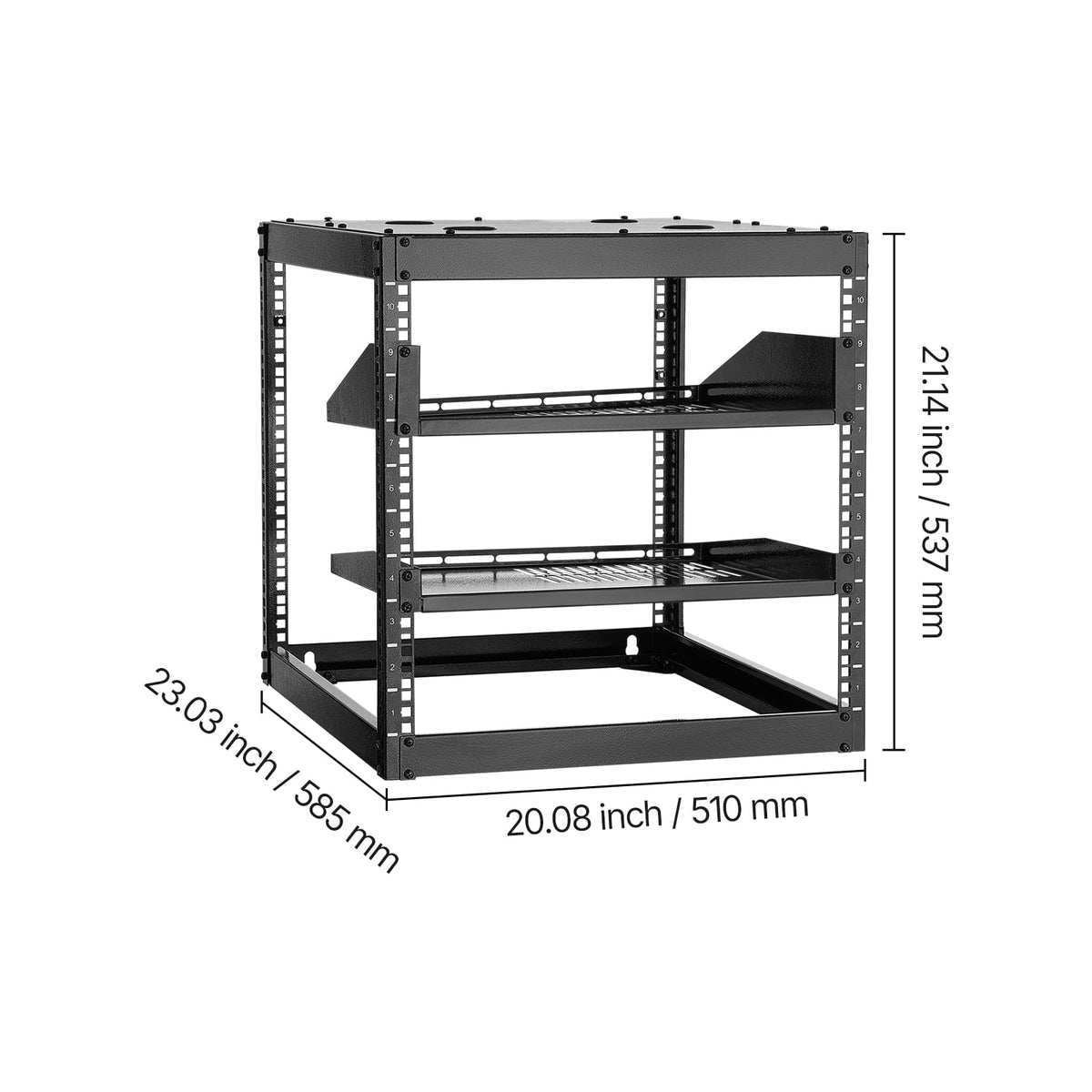 10U Open Frame Network Rack - Black, 23.23" Depth, Wall/Floor Standing Server Storage