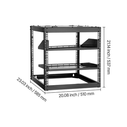 10U Open Frame Network Rack - Black, 23.23" Depth, Wall/Floor Standing Server Storage