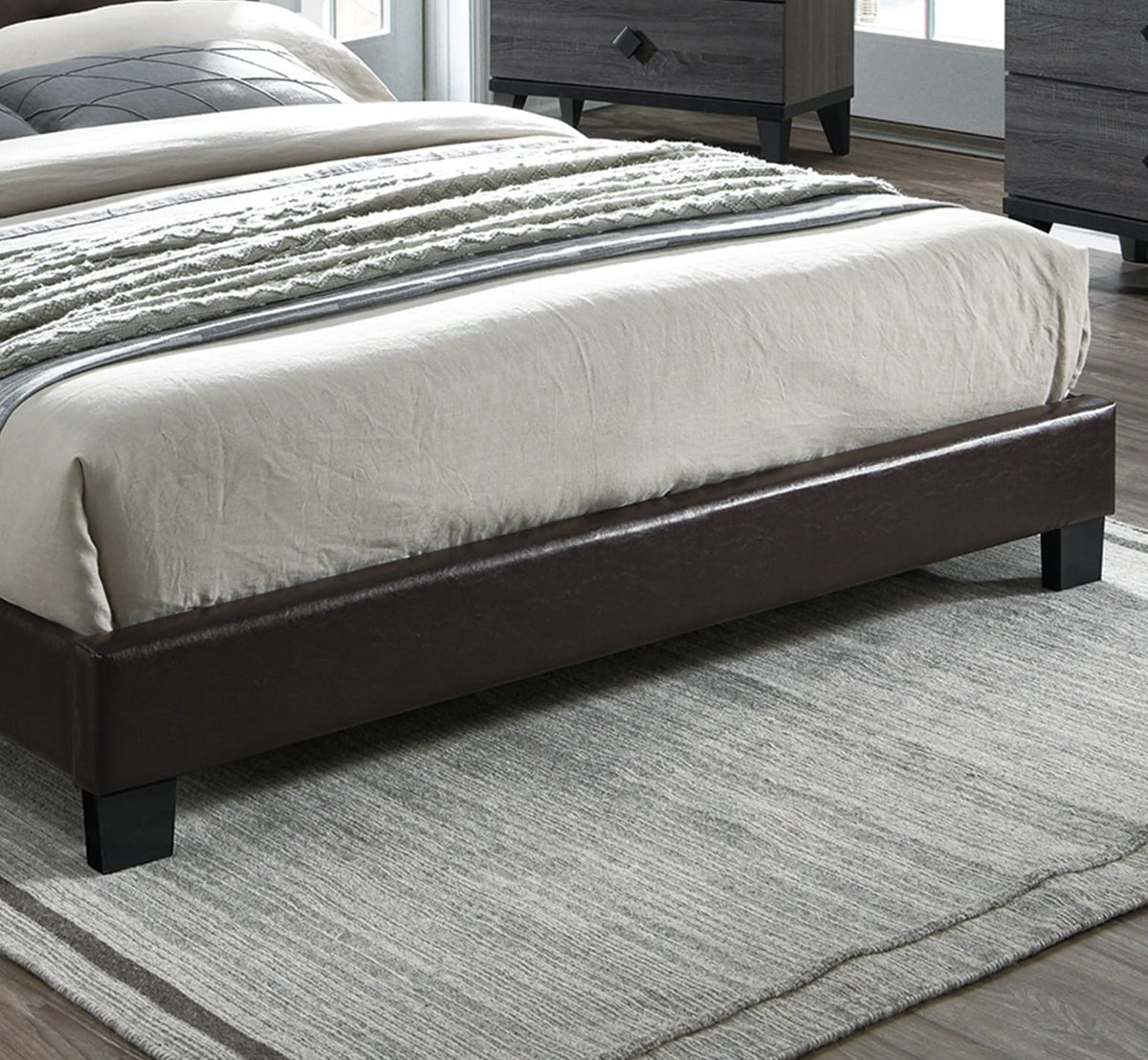 Modern Brown Queen Size Bed Faux Leather Upholstered Headboard