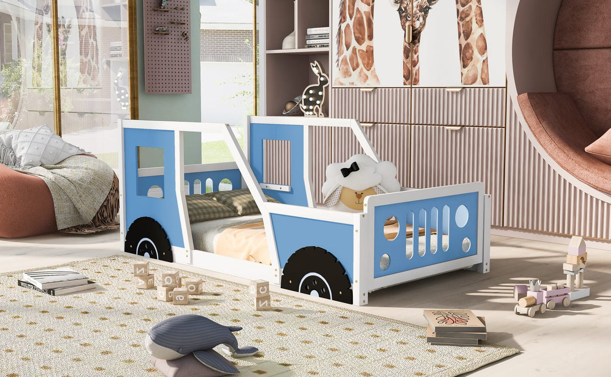 Twin Blue Car Bed Frame with Wheels for Bedroom