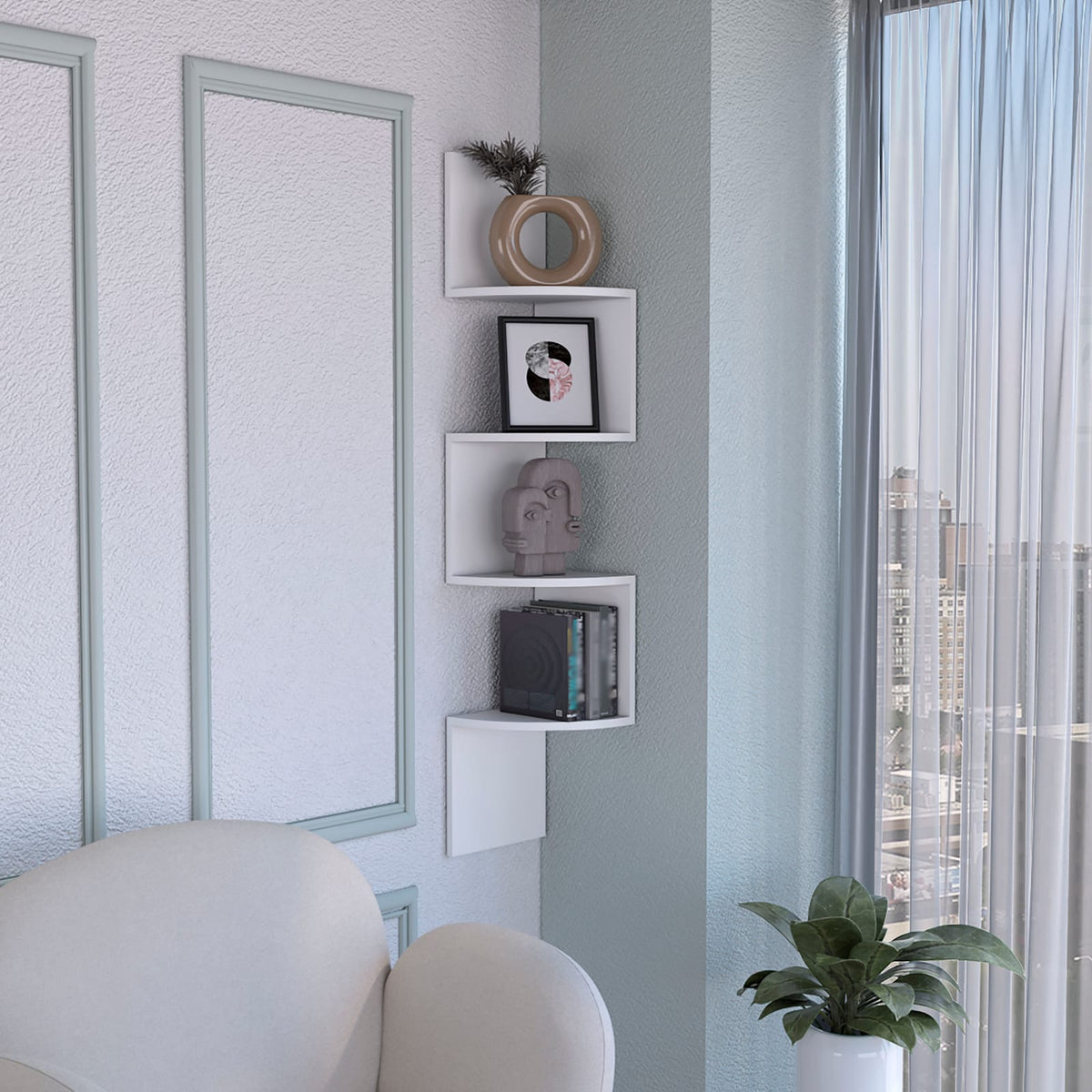 Rosset Corner Shelf - White Modern Full Wall Design for Living Room