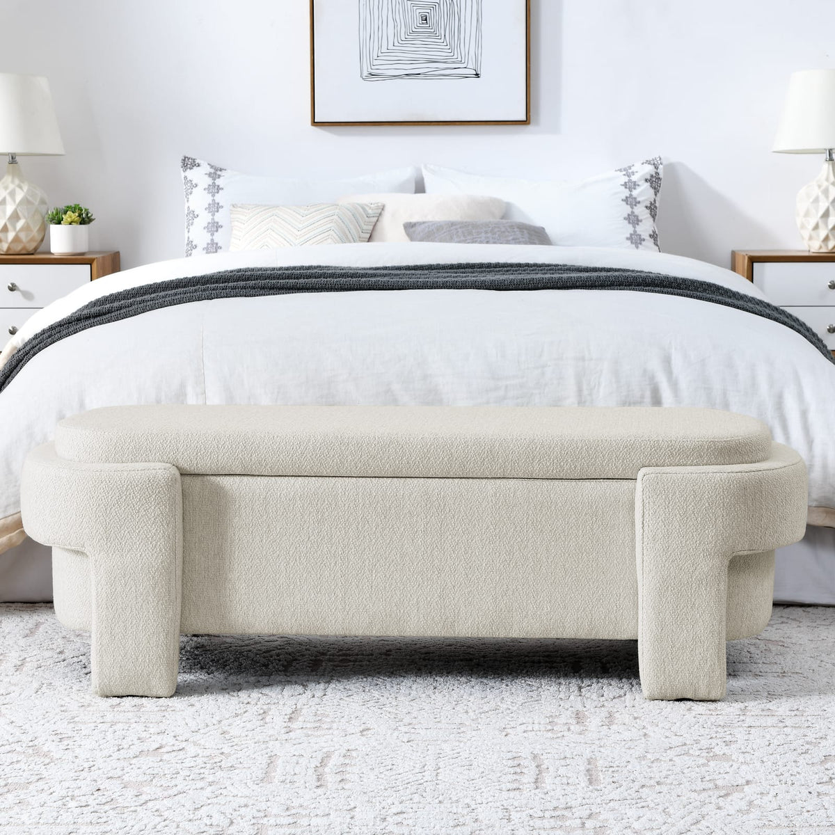 Beige Linen Storage Bench with Foam Cushion for Living Room or Bedroom