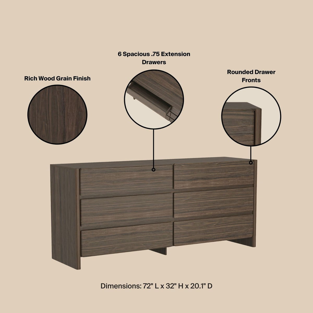Walnut Brown Double Dresser with 6 Drawers for Bedroom Storage