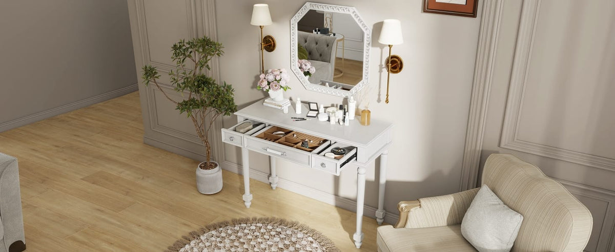 White Makeup Desk with Mirror - 3 Drawers, Storage Console Table for Bedroom