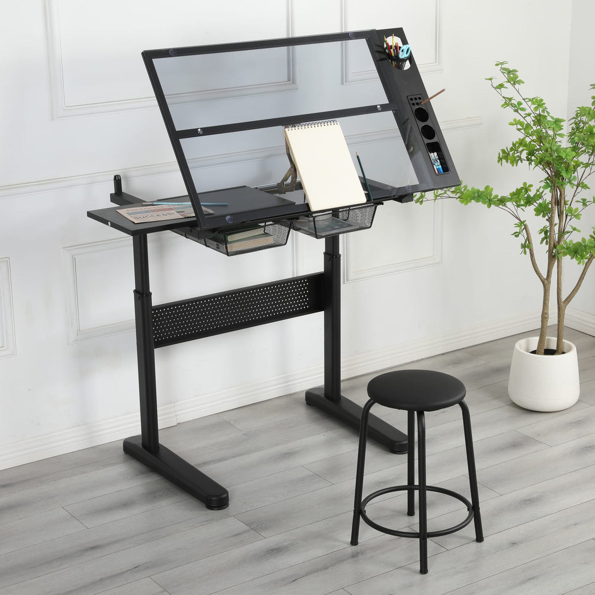 Hand Crank Adjustable Drafting Table - Black with Stool