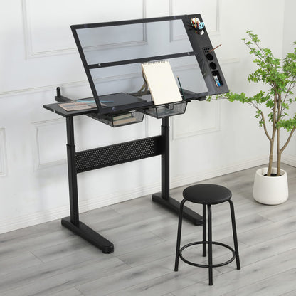 Hand Crank Adjustable Drafting Table - Black with Stool