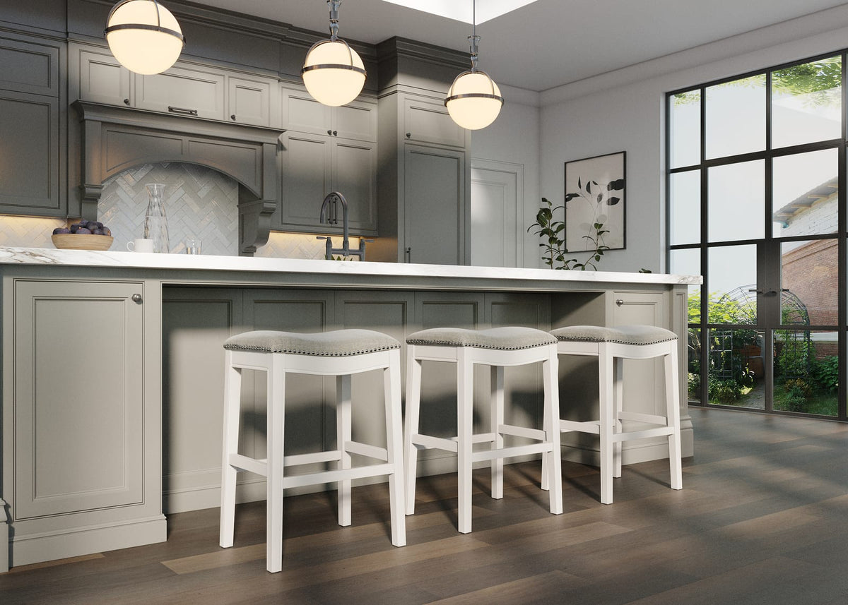31" Bar Height Stool - White Wood & Gray Fabric for Bedroom