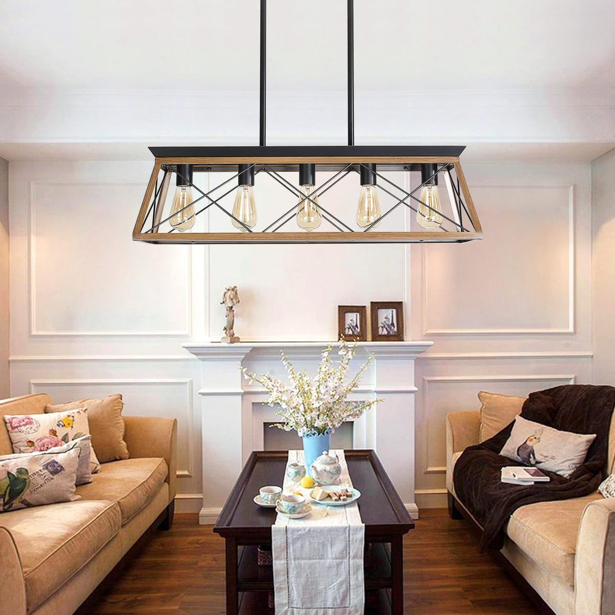 32" Walnut Industrial Pendant Chandelier - Modern Metal Cage Lighting