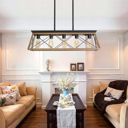 32" Walnut Industrial Pendant Chandelier - Modern Metal Cage Lighting