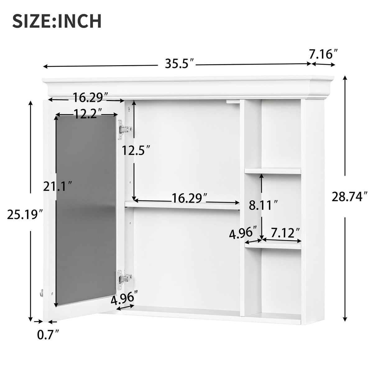 35'' White Wall Mounted Bathroom Storage Cabinet with Mirror Door - MDF