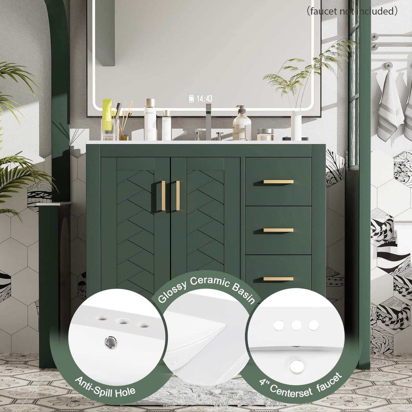 36 Inch Green Bathroom Vanity with Ceramic Sink and Drawers