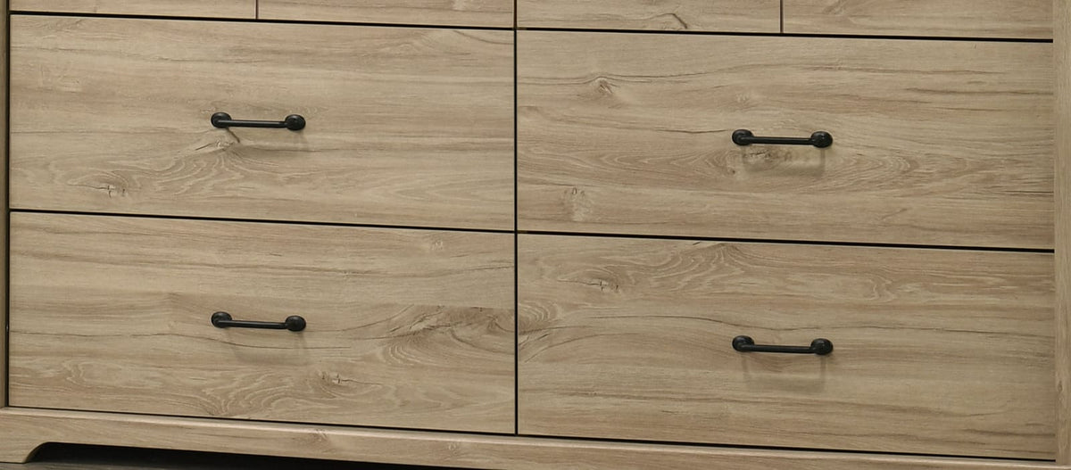 Elara 57"W Light Oak Dresser - 6 Drawers, Black Hardware
