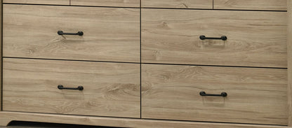 Elara 57"W Light Oak Dresser - 6 Drawers, Black Hardware