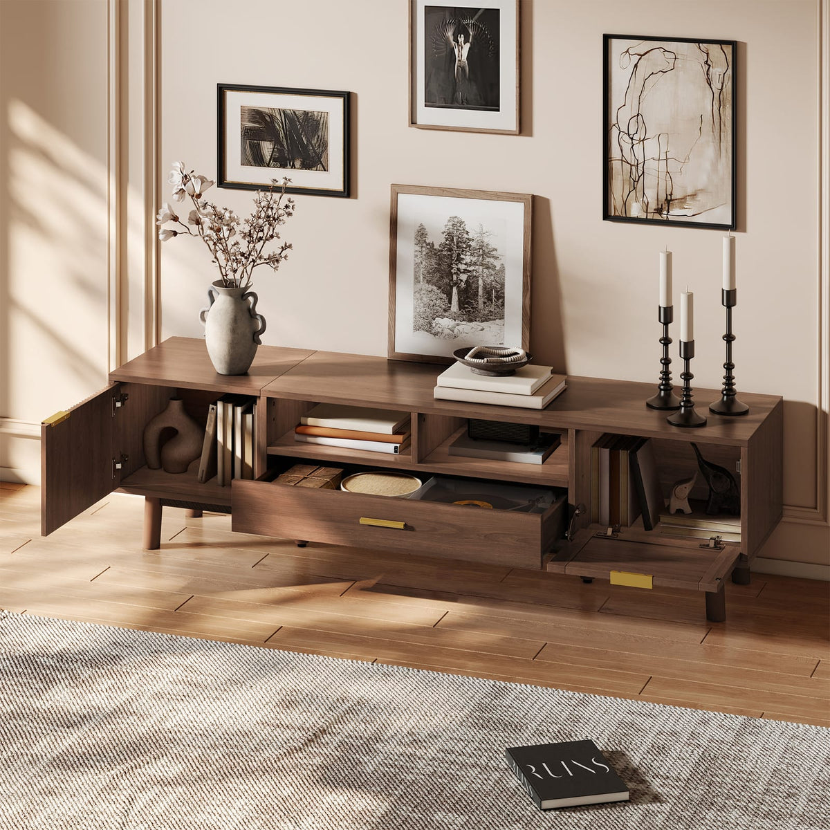 Dark Brown TV Stand with Storage - 75" TVs, Pine Wood