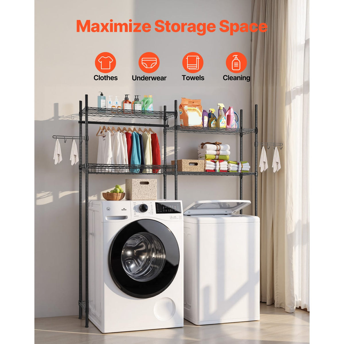 4 Tier Over Washer Dryer Shelf - Black Laundry Storage Rack for Living Room
