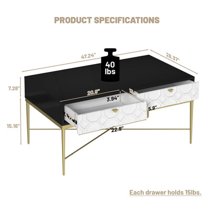 Modern Black & White Coffee Table with 2 Drawers - Storage Table