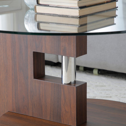 Modern Round Glass Table - Walnut & Grey Storage