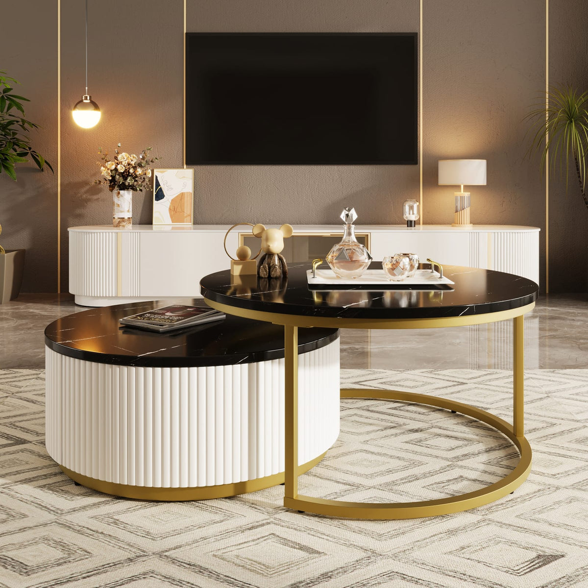 Modern Round Nesting Coffee Table - Golden Black & White