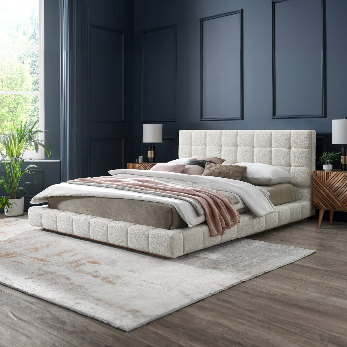 King Size Ivory Boucle Upholstered Bed Frame