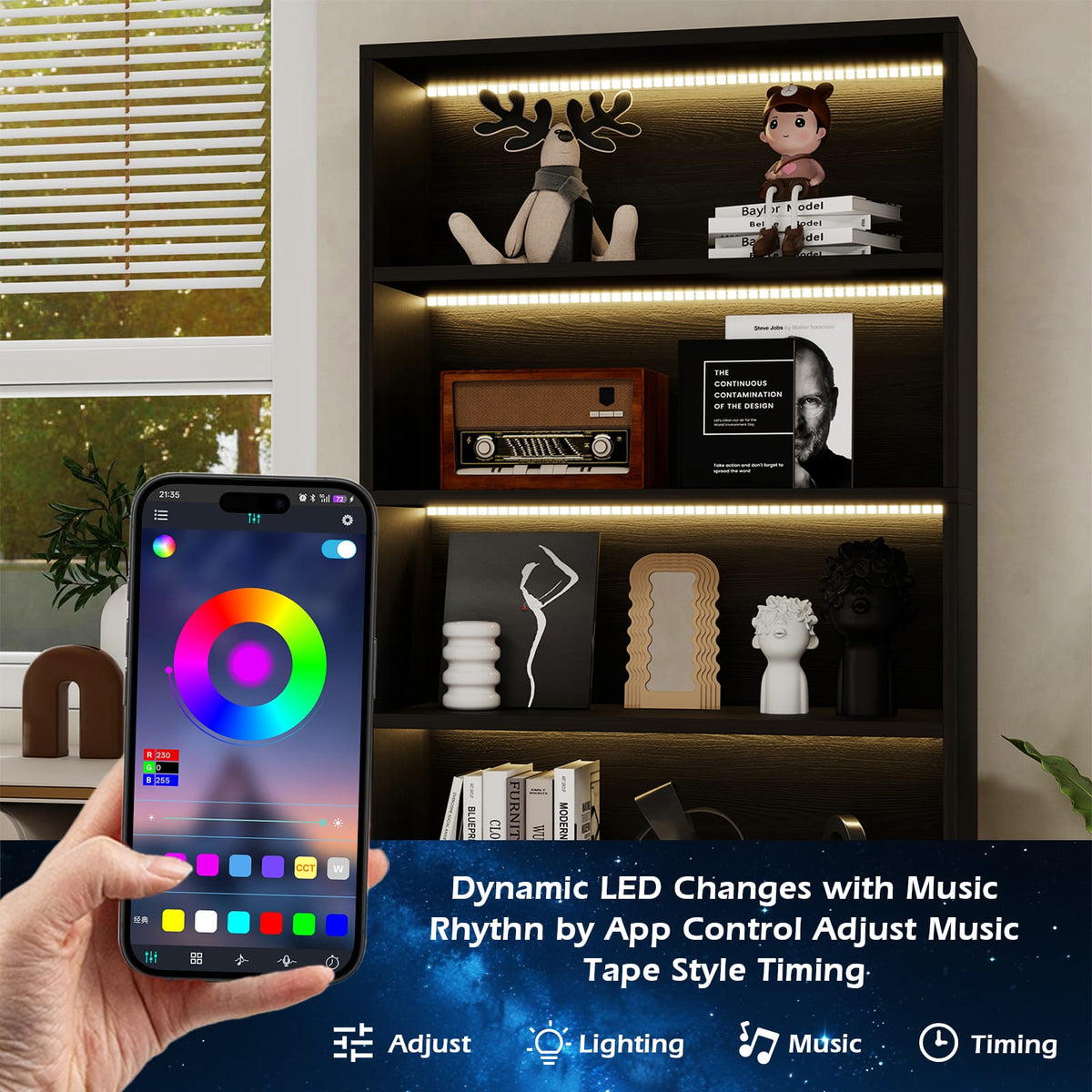 Black Tall Bookcase with LED Lights - 5 Tier Storage Shelf