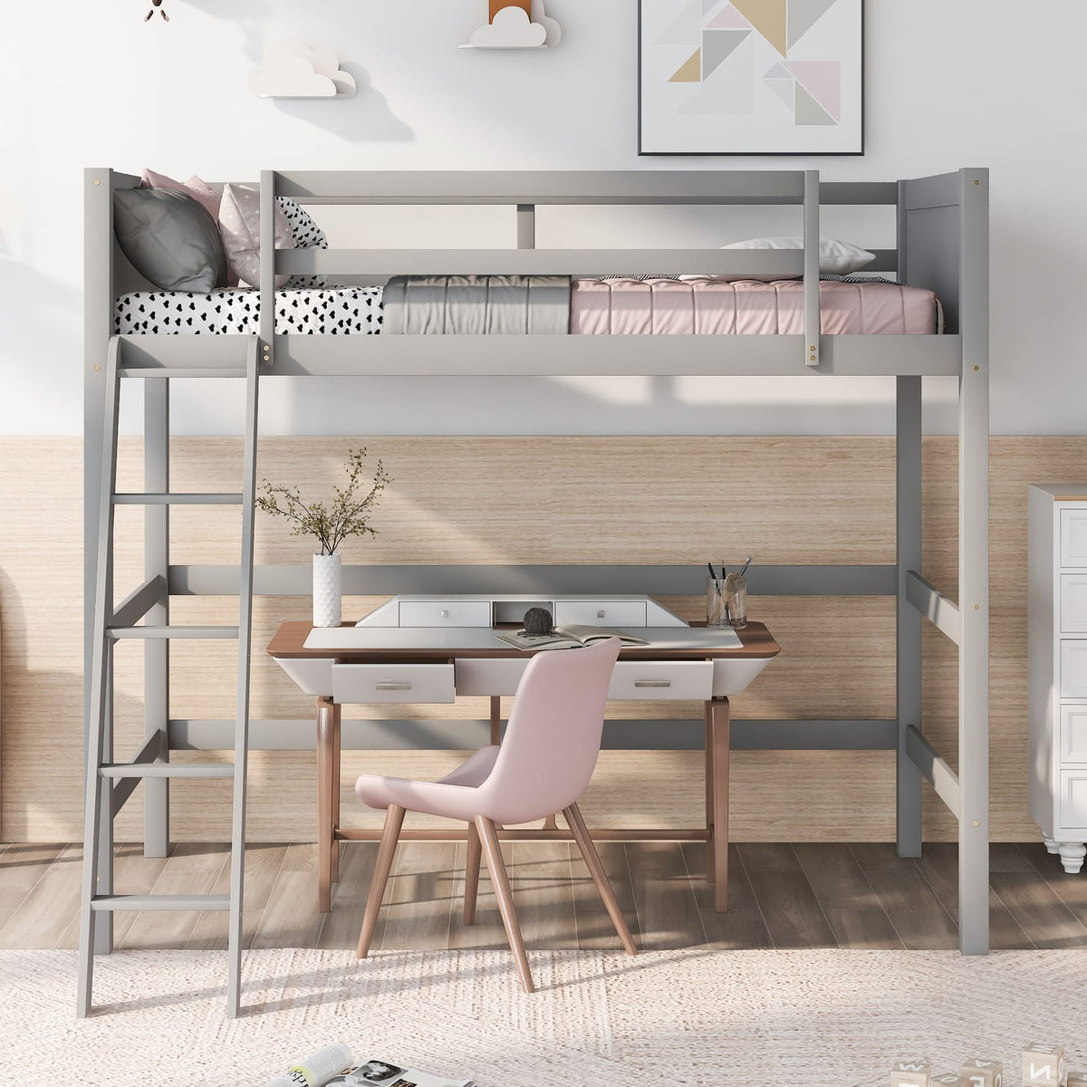 Gray Solid Wood Twin Loft Bed with Ladder for Bedroom