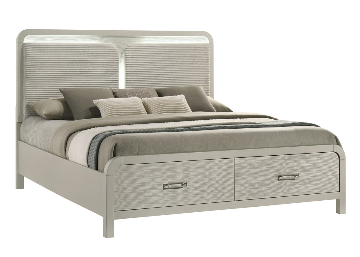 King Modern Storage Bed with Beige Wood Frame and Upholstered Headboard for Bedroom