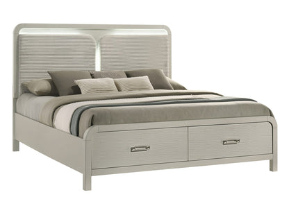 King Modern Storage Bed with Beige Wood Frame and Upholstered Headboard for Bedroom