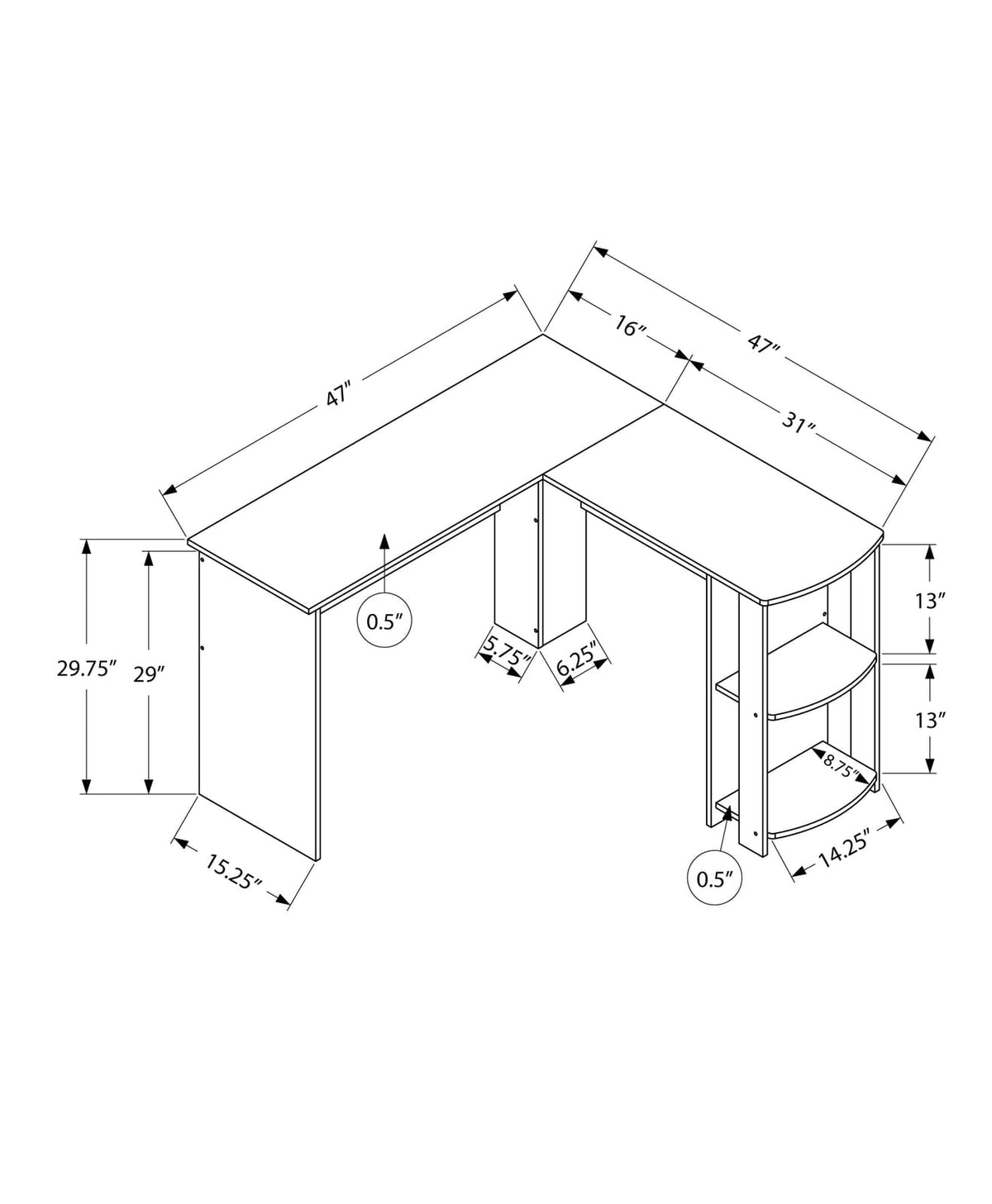L-Shaped Grey Computer Desk with Storage Shelves - 48" for Home Office