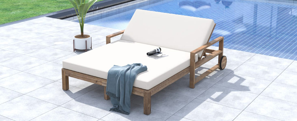 Beige Wooden Outdoor Sunbed - Farmhouse Style Patio Seating