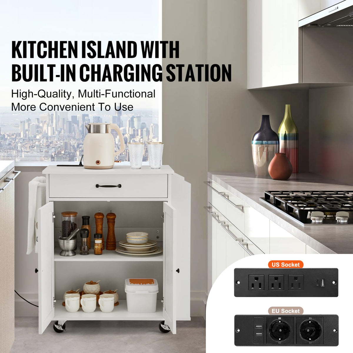 White Rolling Kitchen Storage Cart with Power Strip and Wheels