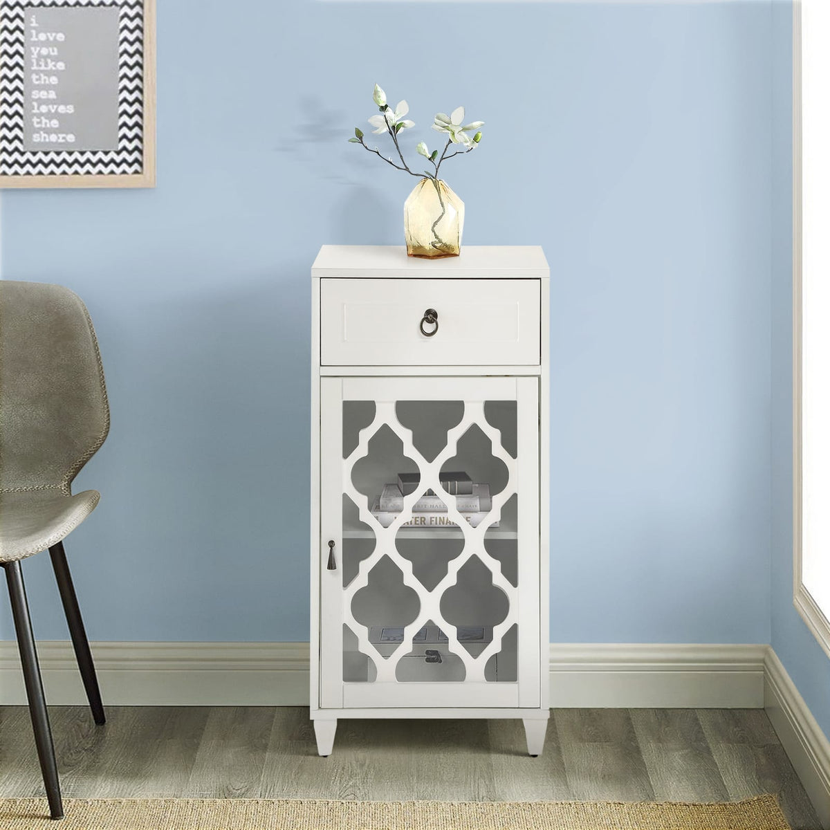 White Side Table with Drawer and Door - Compact Design for Living Room