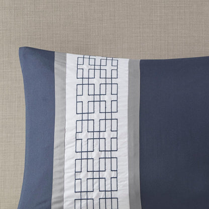 8 Piece Embroidered Navy Queen Comforter Set - Luxurious Comfort