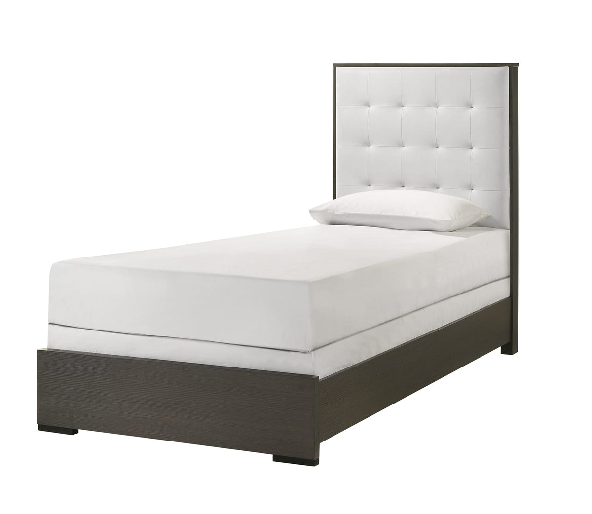 Gray Beige Twin Size Panel Bed Button Tufted Headboard