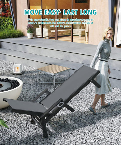 HDPE Dark Grey Outdoor Chaise Lounge with Wheels - Patio Seating