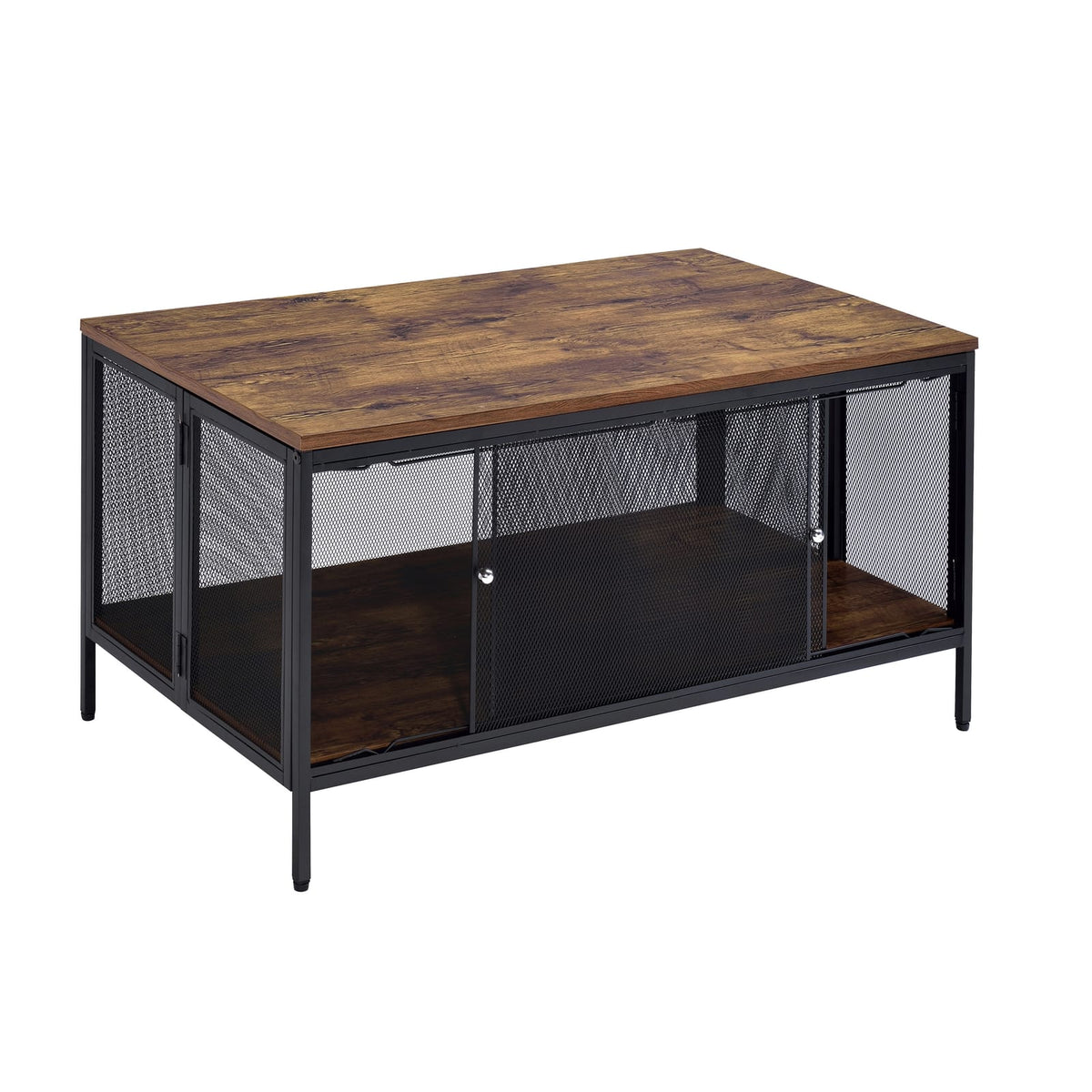 Antique Oak & Black Coffee Table - 4 Sliding Doors