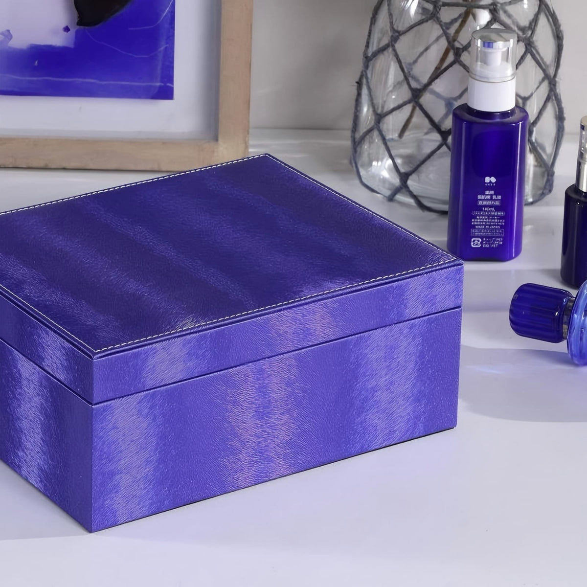 Azure Blue Leather Jewelry Case - 9.8" Long for Bedroom