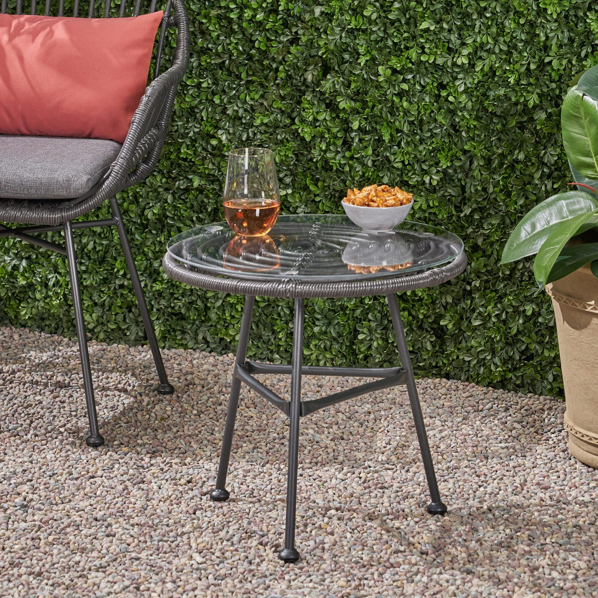 Grey Iron Rattan Side Table - Outdoor Patio Table