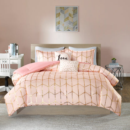 King Size Blush Polyester Comforter Set with Geometric Print