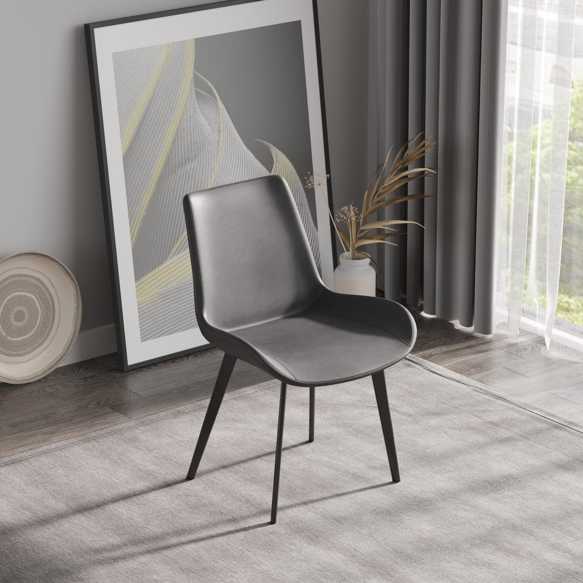 Black Gray Dining Chair Ergonomic PU Seat 2pcs