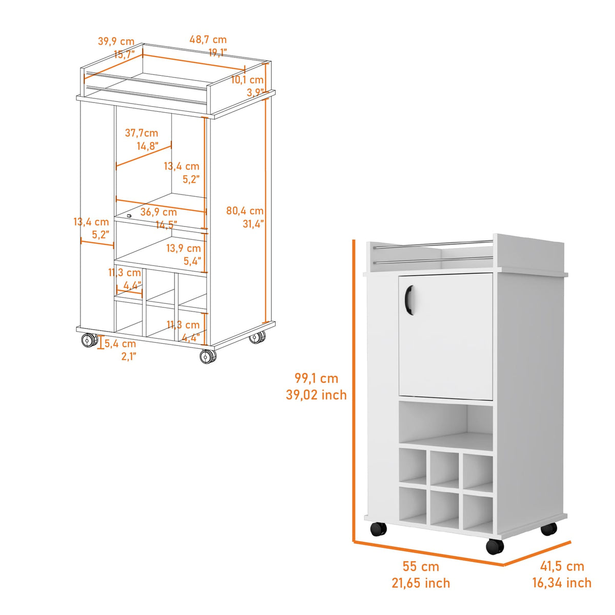 Farson Bar Cart - White, Freestanding with Wine Racks & Shelves